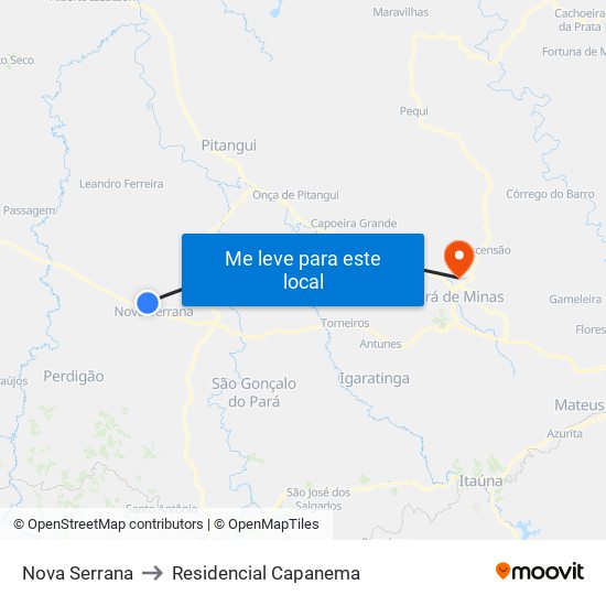 Nova Serrana to Residencial Capanema map