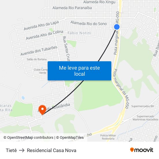 Tietê to Residencial Casa Nova map