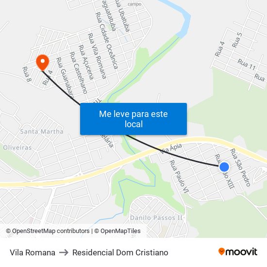 Vila Romana to Residencial Dom Cristiano map