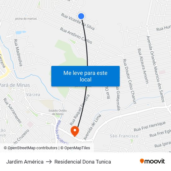 Jardim América to Residencial Dona Tunica map