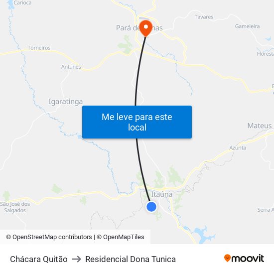 Chácara Quitão to Residencial Dona Tunica map