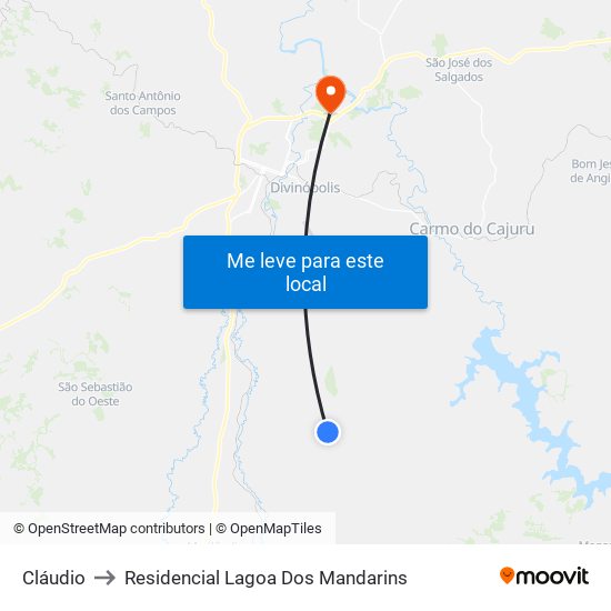 Cláudio to Residencial Lagoa Dos Mandarins map