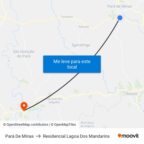 Pará De Minas to Residencial Lagoa Dos Mandarins map