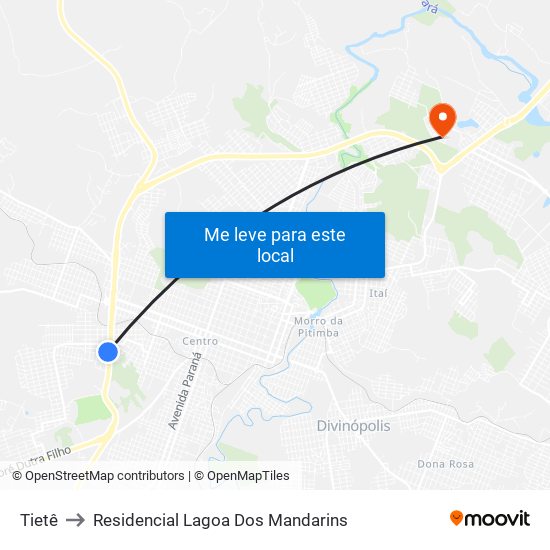 Tietê to Residencial Lagoa Dos Mandarins map