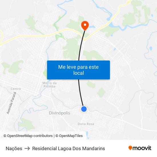 Nações to Residencial Lagoa Dos Mandarins map