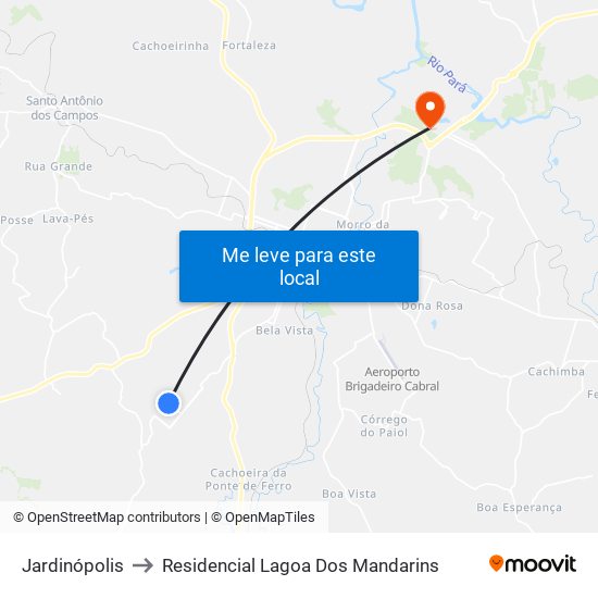 Jardinópolis to Residencial Lagoa Dos Mandarins map