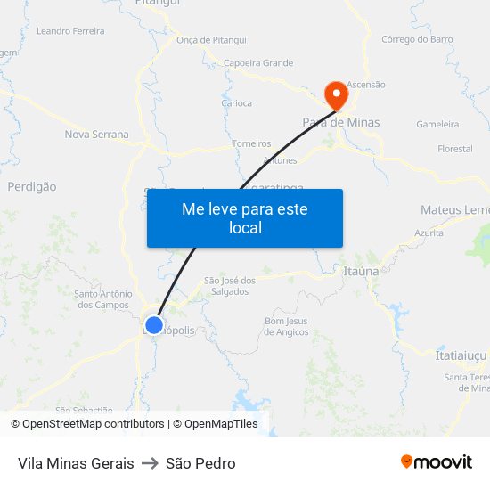 Vila Minas Gerais to São Pedro map