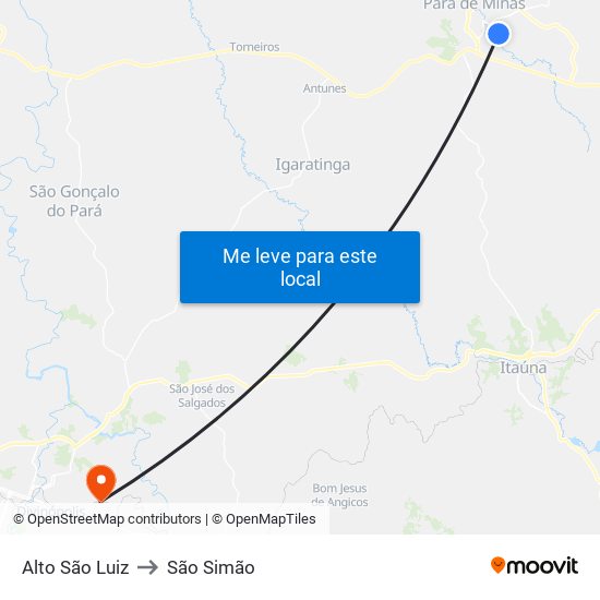 Alto São Luiz to São Simão map