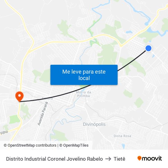 Distrito Industrial Coronel Jovelino Rabelo to Tietê map