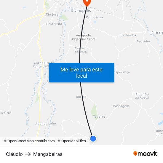 Cláudio to Mangabeiras map
