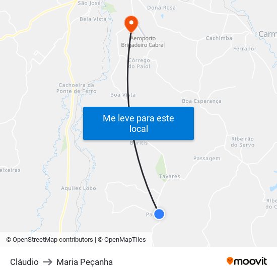 Cláudio to Maria Peçanha map