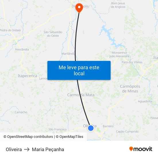 Oliveira to Maria Peçanha map