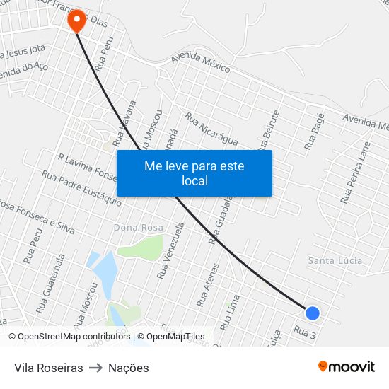 Vila Roseiras to Nações map