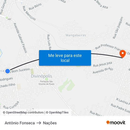 Antônio Fonseca to Nações map