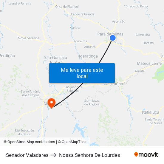Senador Valadares to Nossa Senhora De Lourdes map