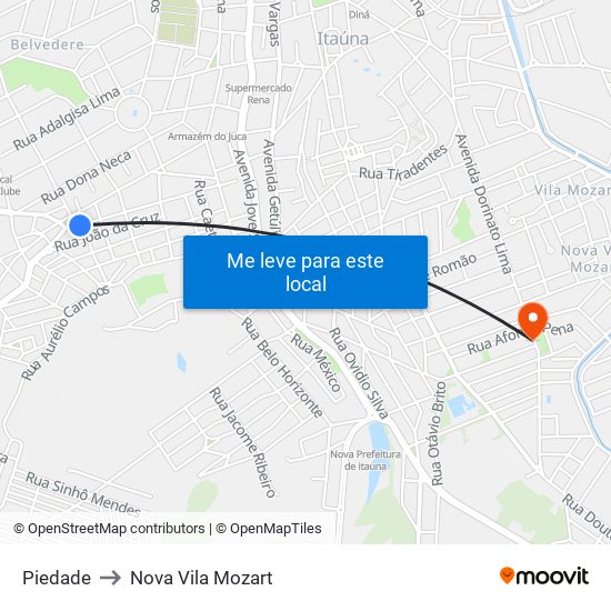 Piedade to Nova Vila Mozart map