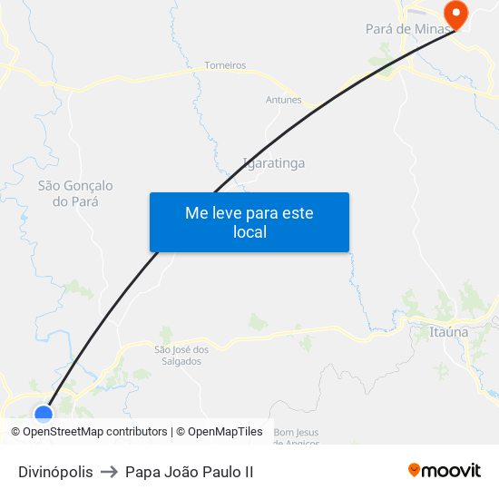 Divinópolis to Papa João Paulo II map