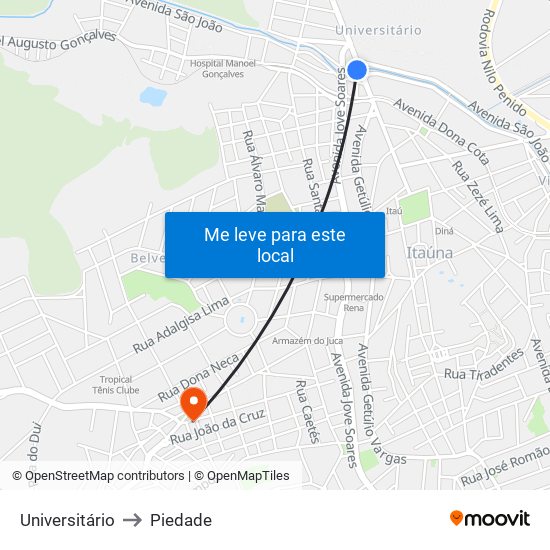 Universitário to Piedade map