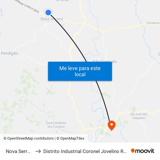 Nova Serrana to Distrito Industrial Coronel Jovelino Rabelo map