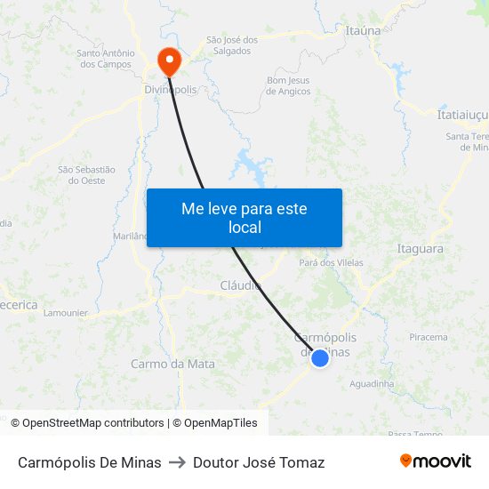 Carmópolis De Minas to Doutor José Tomaz map