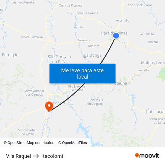 Vila Raquel to Itacolomi map