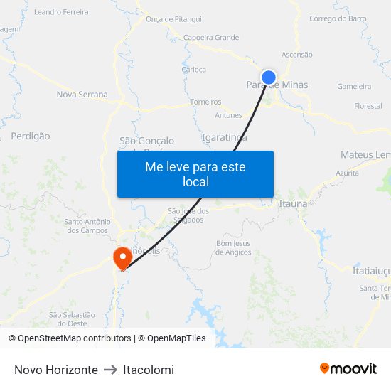 Novo Horizonte to Itacolomi map