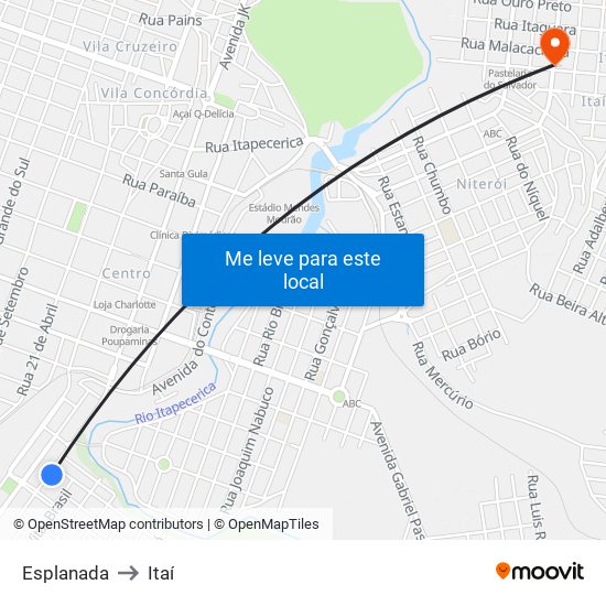Esplanada to Itaí map