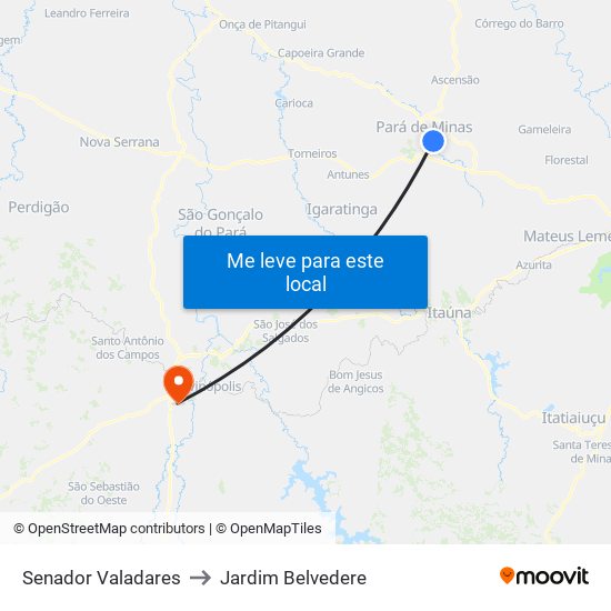 Senador Valadares to Jardim Belvedere map