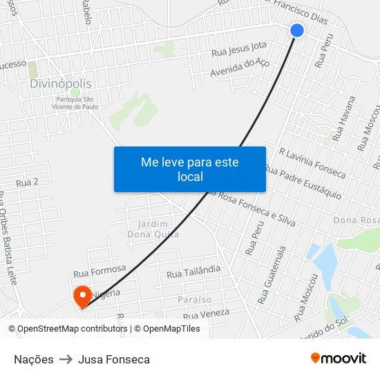 Nações to Jusa Fonseca map