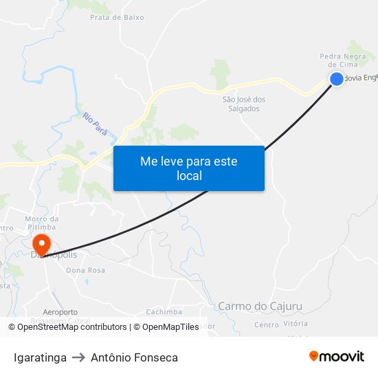 Igaratinga to Antônio Fonseca map