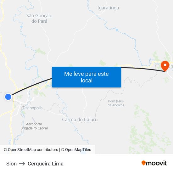 Sion to Cerqueira Lima map