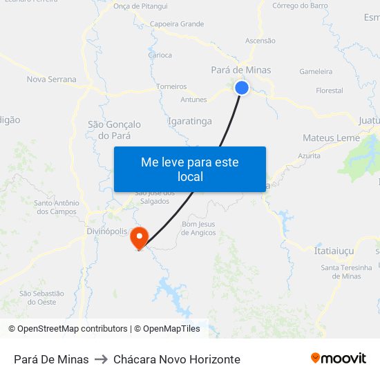 Pará De Minas to Chácara Novo Horizonte map