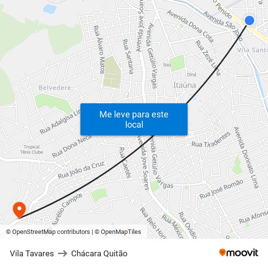 Vila Tavares to Chácara Quitão map