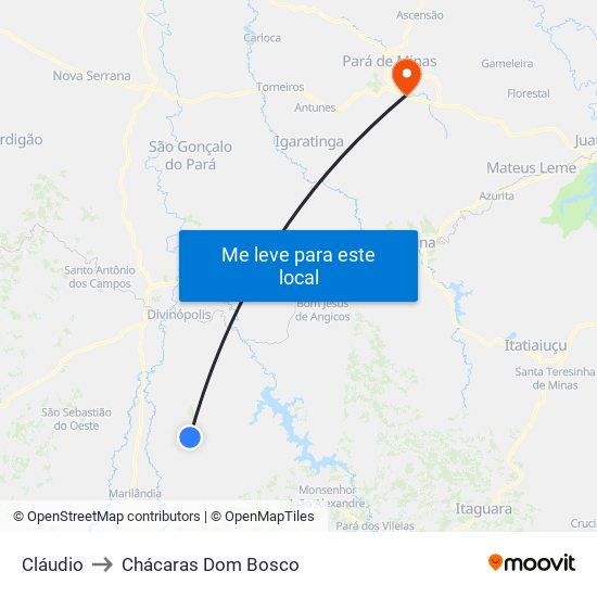 Cláudio to Chácaras Dom Bosco map