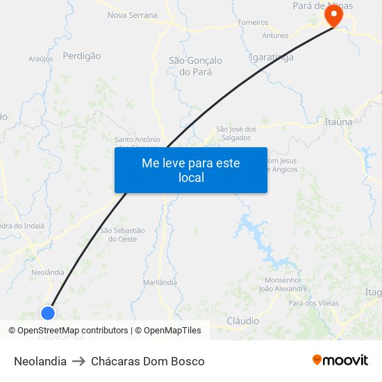 Neolandia to Chácaras Dom Bosco map