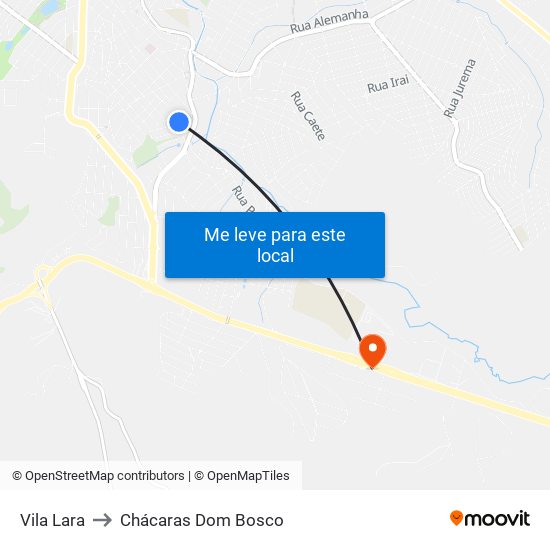 Vila Lara to Chácaras Dom Bosco map