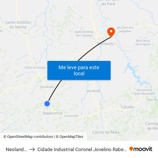 Neolandia to Cidade Industrial Coronel Jovelino Rabelo map