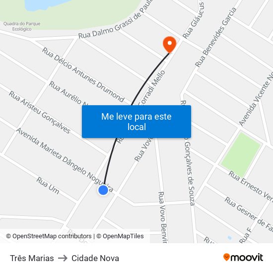 Três Marias to Cidade Nova map