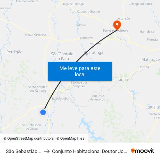 São Sebastião Do Oeste to Conjunto Habitacional Doutor José Pereira Campos map