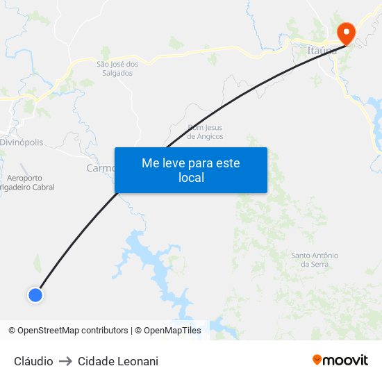 Cláudio to Cidade Leonani map