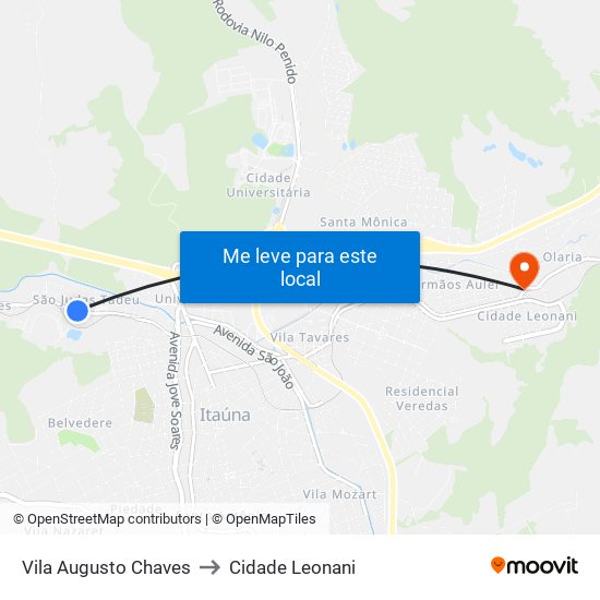 Vila Augusto Chaves to Cidade Leonani map