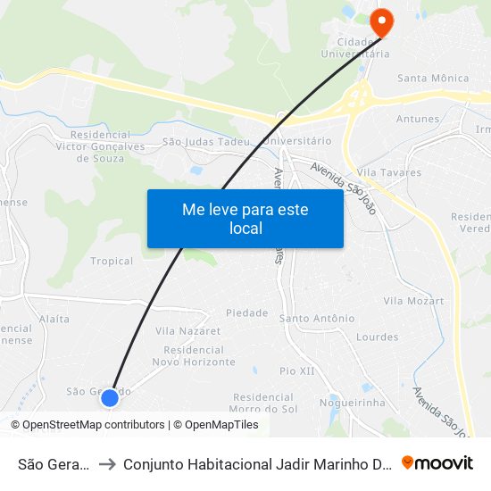 São Geraldo to Conjunto Habitacional Jadir Marinho De Faria map