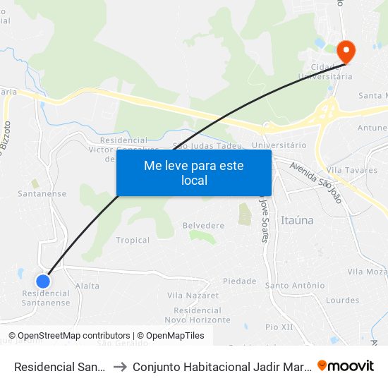 Residencial Santanense to Conjunto Habitacional Jadir Marinho De Faria map