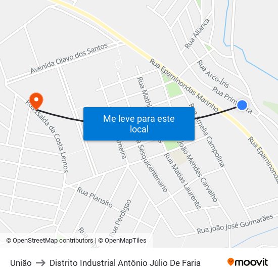 União to Distrito Industrial Antônio Júlio De Faria map