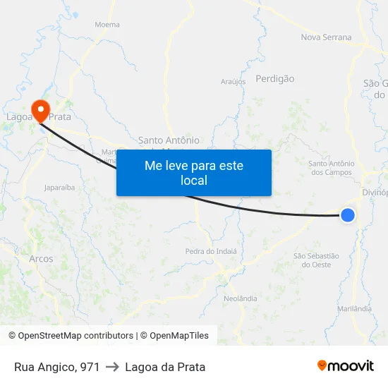 Rua Angico, 971 to Lagoa da Prata map