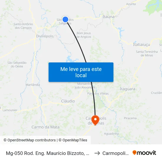 Mg-050 Rod. Eng. Maurício Bizzoto, Km 109,5 Leste | Casa Grande to Carmopolis de Minas map