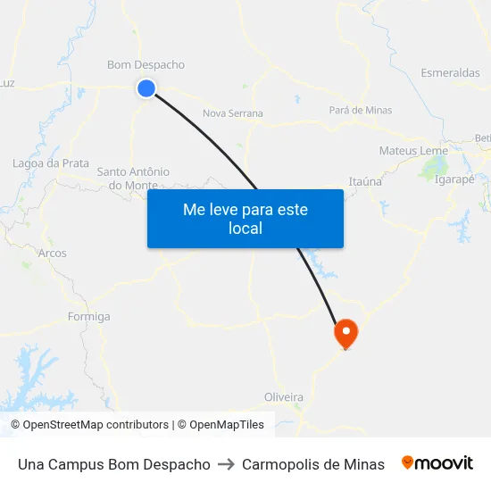 Una Campus Bom Despacho to Carmopolis de Minas map