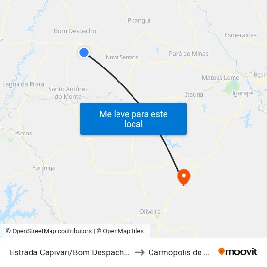Estrada Capivari/Bom Despacho, Norte to Carmopolis de Minas map