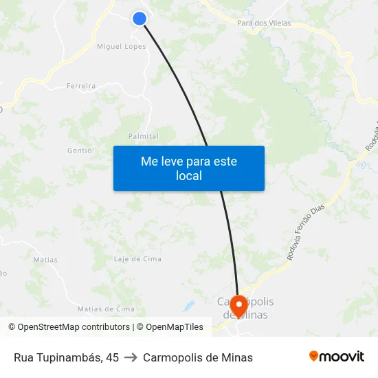 Rua Tupinambás, 45 to Carmopolis de Minas map