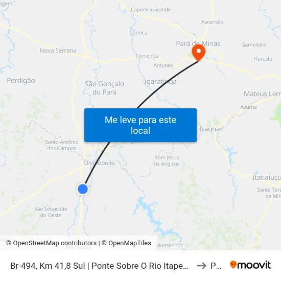 Br-494, Km 41,8 Sul | Ponte Sobre O Rio Itapecerica - Divisa Divinópolis/Cláudio to Paivas map
